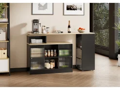 Mesa de bar extensible con almacenaje, diseño moderno, MDF y cristal, color negro (169,55x47,88x15,24 cm)