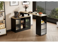Mesa de bar extensible con almacenaje, diseño moderno, MDF y cristal, color negro (169,55x47,88x15,24 cm)
