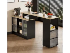 Mesa de bar extensible con almacenaje, diseño moderno, MDF y cristal, color negro (169,55x47,88x15,24 cm)
