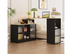 Mesa de bar extensible con almacenaje, diseño moderno, MDF y cristal, color negro (169,55x47,88x15,24 cm)