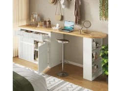 Mesa de bar extensible con espacio de almacenamiento, moderna, móvil, mesa de bar extensible con un cajón y dos estantes, blanca