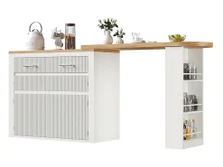 Mesa de bar extensible con espacio de almacenamiento, moderna, móvil, mesa de bar extensible con un cajón y dos estantes, blanca