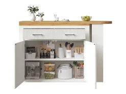 Mesa de bar extensible con espacio de almacenamiento, moderna, móvil, mesa de bar extensible con un cajón y dos estantes, blanca