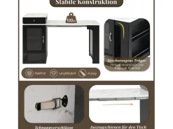 Mesa de bar extensible con tablero extraíble - 80 x 71/111/151 x 92 cm - con puerta + cajón - MDF + cristal - blanco + negro