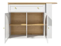 Mesa de bar extensible con espacio de almacenamiento, giratoria 360°, MDF, blanca (138-204x39x104 cm)