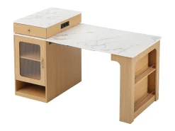 Mesa de bar extensible con tablero desmontable - 80 x 71/111/151 x 92 cm - con puerta + cajón - MDF + cristal - natural
