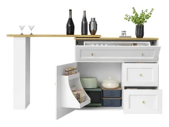Mesa de bar extensible con rango, mesa alta, con étagère à snacks, diseño moderno, MDF, metal, blanco (138-204x39x105 cm)