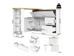 Mesa de Bar extensible giratoria - con 2 puertas, 2 cajones y 3 nichos - MDF - 138/204×39×105cm - Blanco