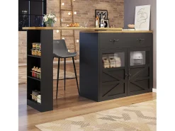 Mesa de bar extensible, giratoria 360°, espacio de almacenamiento, MDF, negra (138-204x39x104 cm)