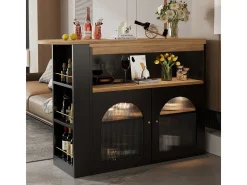 Mesa de bar extensible moderna con espacio de almacenamiento, giratoria, para comedor, con tira de luz LED de 1 m, color negro