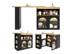 Mesa de bar extensible moderna con espacio de almacenamiento, giratoria, para comedor, con tira de luz LED de 1 m, color negro
