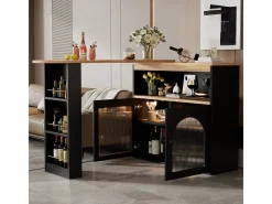 Mesa de bar extensible moderna con espacio de almacenamiento, giratoria, para comedor, con tira de luz LED de 1 m, color negro