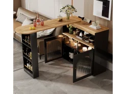 Mesa de bar extensible moderna con espacio de almacenamiento, giratoria, para comedor, con tira de luz LED de 1 m, color negro