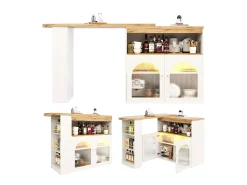 Mesa de bar extensible moderna con espacio de almacenamiento y luz LED (138-193 x 39 x 105 cm), mesa de cocina giratoria, color blanco y dorado
