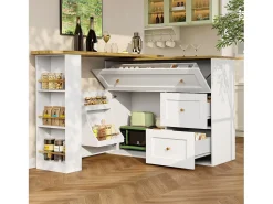 Mesa de bar giratoria con 1 puerta y 2 cajones, espacio de almacenamiento tipo buffet con tablero extensible (138-204)×39×105 cm - blanco