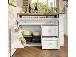 Mesa de bar giratoria con 1 puerta y 2 cajones, espacio de almacenamiento tipo buffet con tablero extensible (138-204)×39×105 cm - blanco
