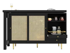 Mesa de bar giratoria con puerta de ratán y estante abierto - Mesa de comedor de madera - Negra - 107x40x71,4 cm