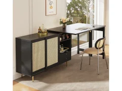 Mesa de bar giratoria con puerta de ratán y estante abierto - Mesa de comedor de madera - Negra - 107x40x71,4 cm