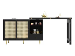 Mesa de bar giratoria con puerta de ratán y estante abierto - Mesa de comedor de madera - Negra - 107x40x71,4 cm