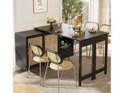 Mesa de bar giratoria con puerta de ratán y estante abierto - Mesa de comedor de madera - Negra - 107x40x71,4 cm