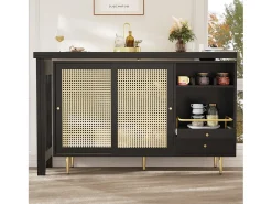 Mesa de bar giratoria con puerta de ratán y estante abierto - Mesa de comedor de madera - Negra - 107x40x71,4 cm