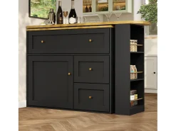 Mesa de bar giratoria con 1 puerta y 2 cajones, espacio de almacenamiento tipo buffet con tablero extensible (138-204)×39×105 cm - negro