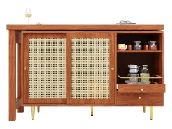 Mesa de bar giratoria con puerta de ratán y estante abierto - Mesa de comedor de madera - Marrón - 107 x 40 x 71,4 cm