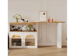 Mesa de bar giratoria de madera con espacio de almacenamiento - Luz LED ajustable - Blanco - 138/193 x 39 x 105 cm