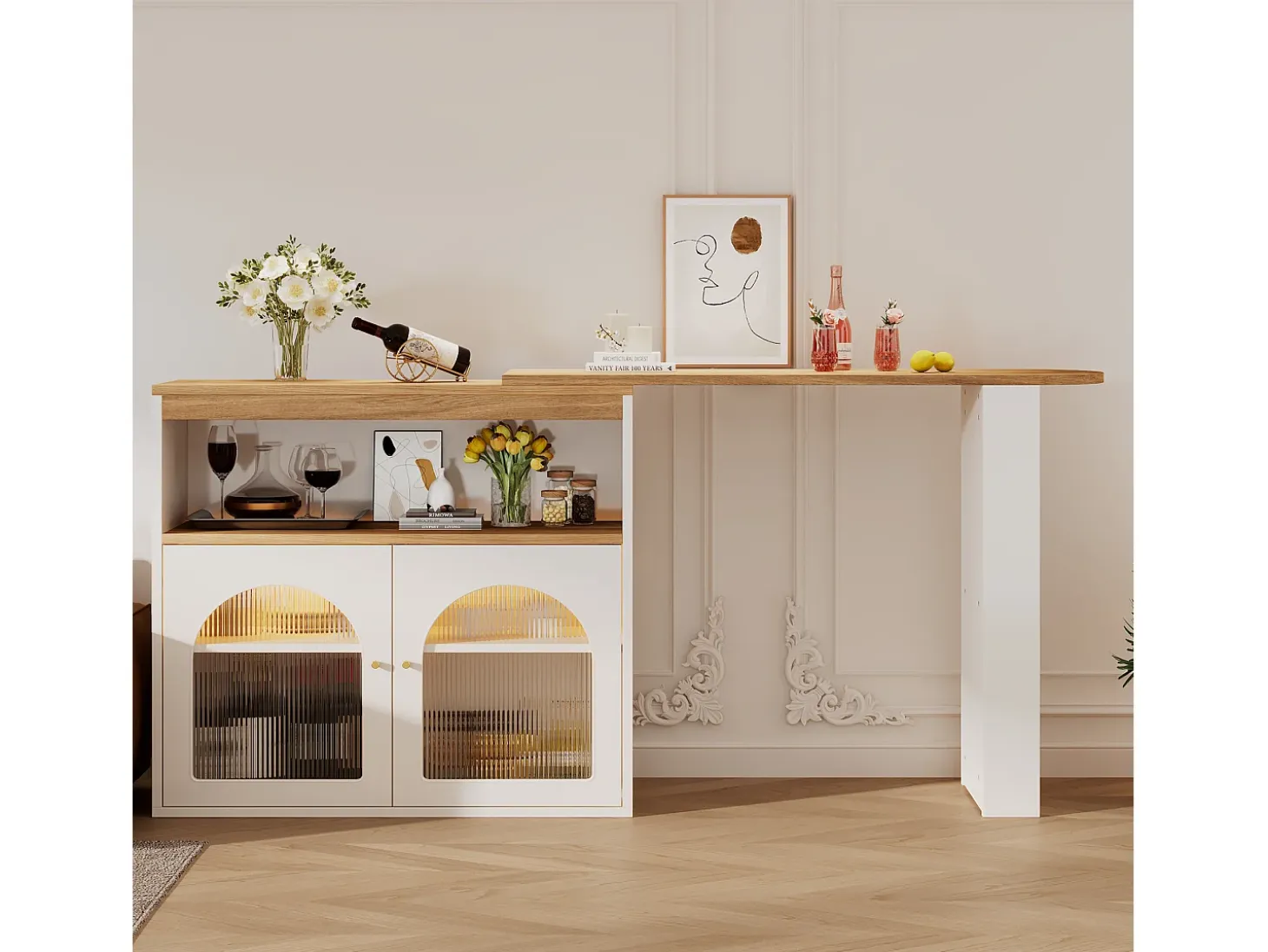 Mesa de bar giratoria de madera con espacio de almacenamiento - Luz LED ajustable - Blanco - 138/193 x 39 x 105 cm