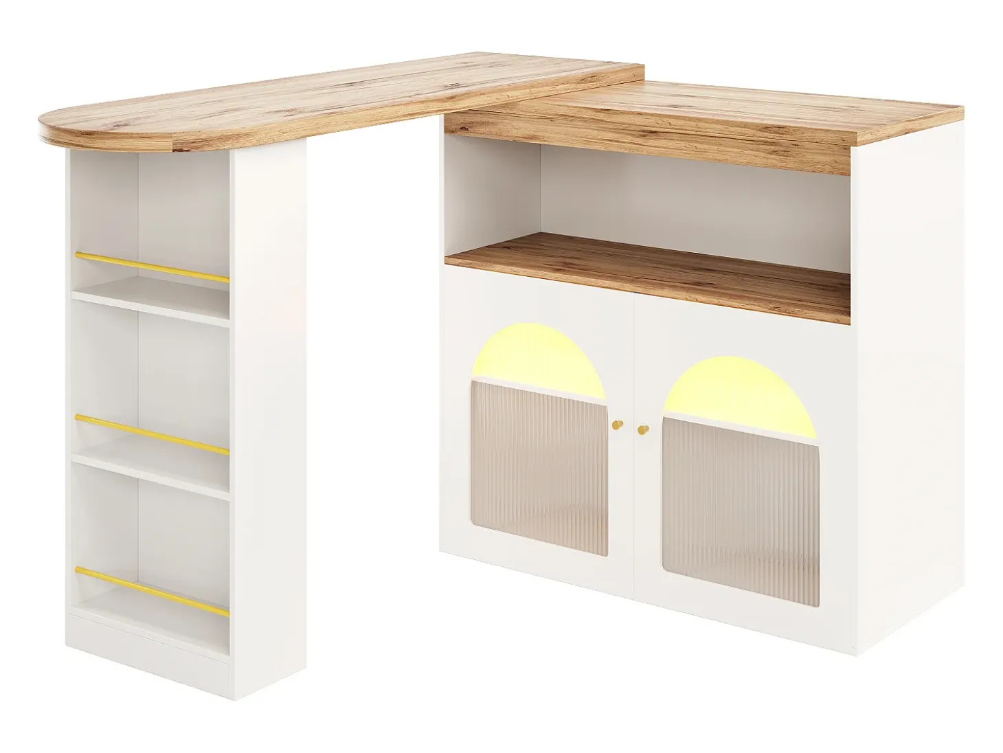 Mesa de bar giratoria de madera con espacio de almacenamiento - Luz LED ajustable - Blanco - 138/193 x 39 x 105 cm