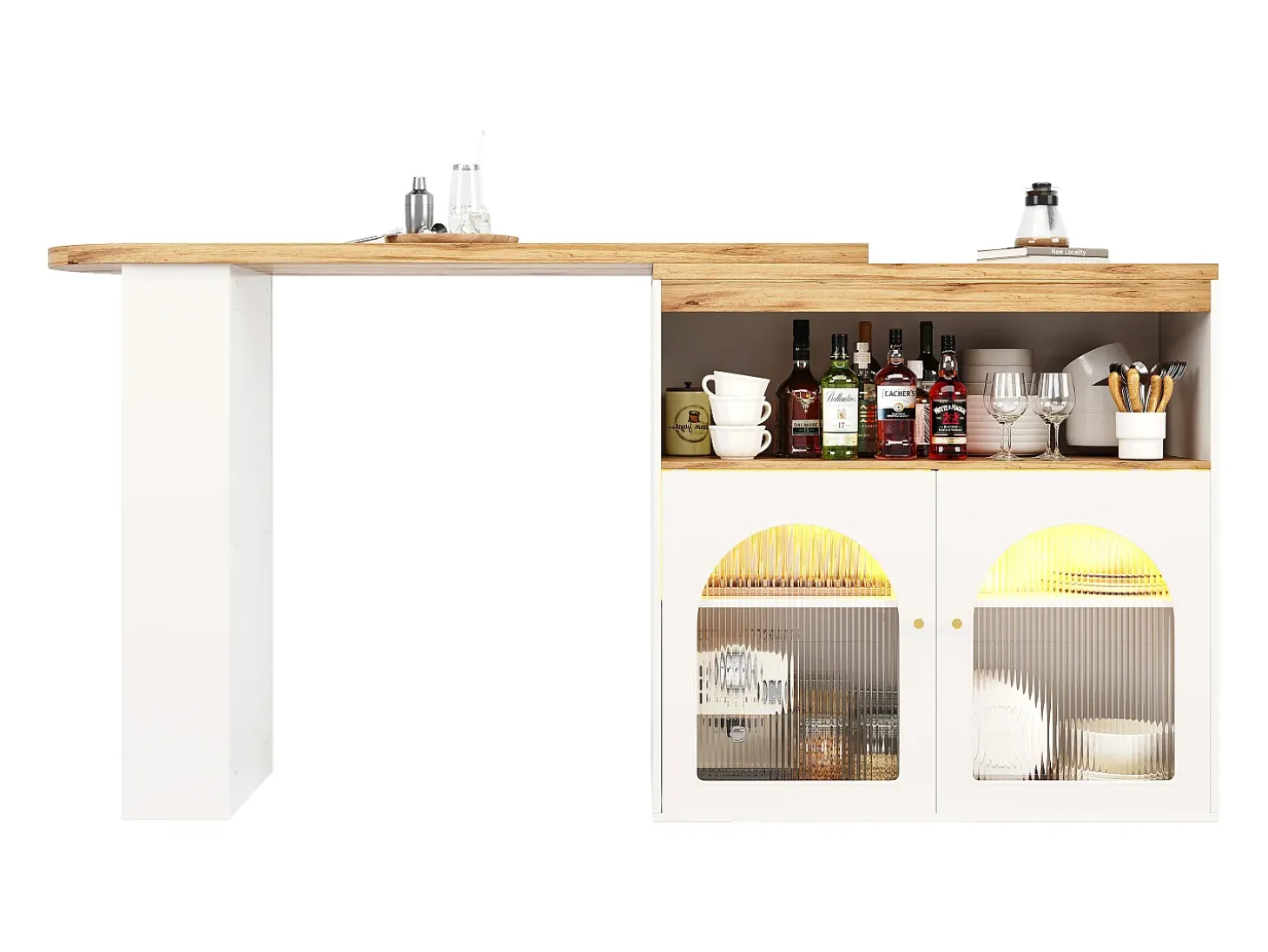 Mesa de bar giratoria de madera con espacio de almacenamiento - Luz LED ajustable - Blanco - 138/193 x 39 x 105 cm