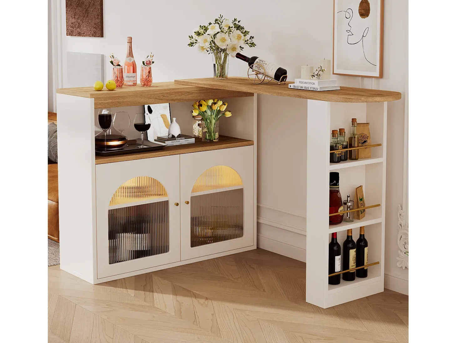 Mesa de bar giratoria de madera con espacio de almacenamiento - Luz LED ajustable - Blanco - 138/193 x 39 x 105 cm