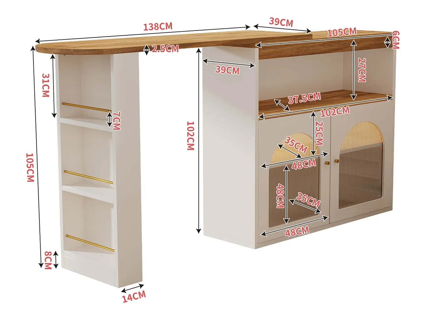 Mesa de bar giratoria de madera con espacio de almacenamiento - Luz LED ajustable - Blanco - 138/193 x 39 x 105 cm