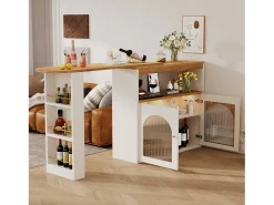 Mesa de bar giratoria de madera con espacio de almacenamiento - Luz LED ajustable - Blanco - 138/193 x 39 x 105 cm