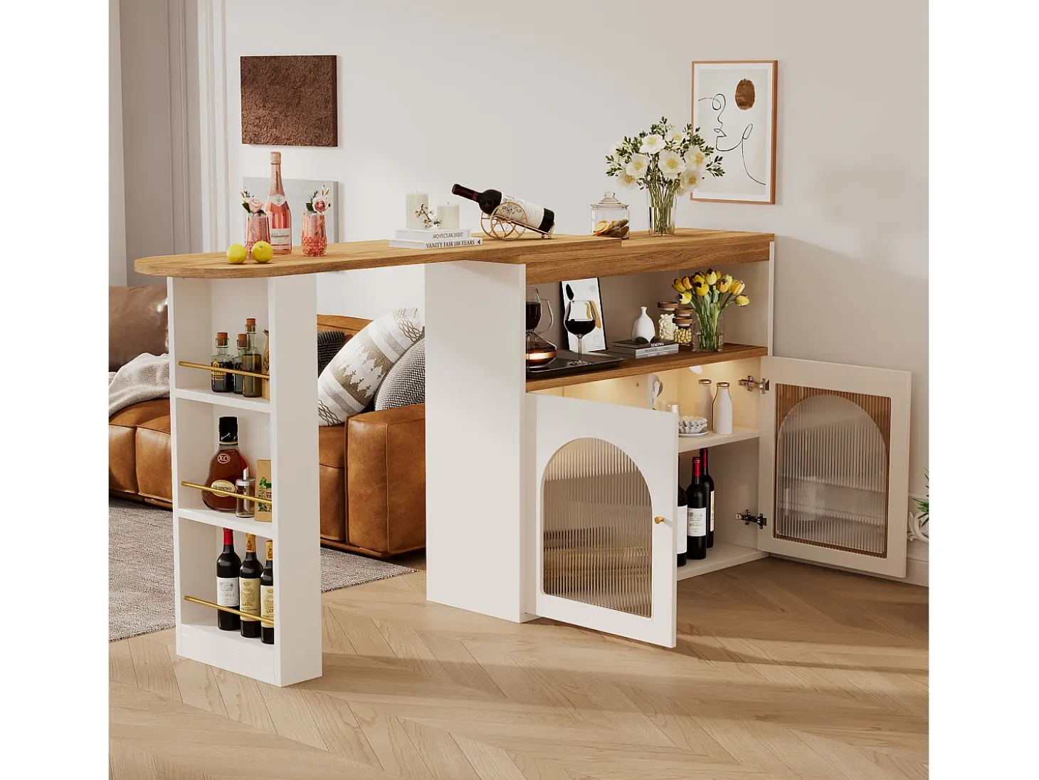 Mesa de bar giratoria de madera con espacio de almacenamiento - Luz LED ajustable - Blanco - 138/193 x 39 x 105 cm