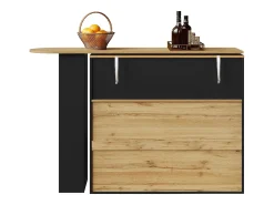 Mesa de bar giratoria de madera con 1 puerta de cristal y 2 cajones, aparador con almacenaje (138-204) x 39 x 104 cm - negro