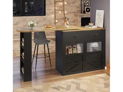Mesa de bar giratoria de madera con 2 puertas y 1 cajón, con tablero extensible - (138-204) x 39 x 104 cm - color negro