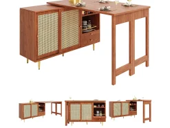 Mesa de bar giratoria de 360°, diseño extensible, MDF + metal, color negro y natural (140 × 80 × 76 cm)