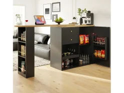 Mesa de bar giratoria de madera con 1 puerta y 2 cajones, isla de cocina con almacenaje, 138 x 39 x 102 cm, color negro