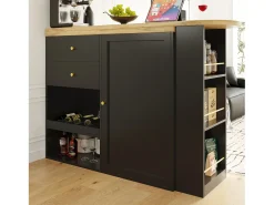 Mesa de bar giratoria de madera con 1 puerta y 2 cajones, isla de cocina con almacenaje, 138 x 39 x 102 cm, color negro