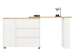 Mesa de bar giratoria móvil 2 puertas y 3 cajones Isla de cocina con tablero extensible (135-203)x39x106 cm - blanco