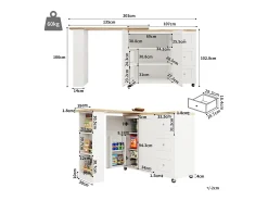 Mesa de bar giratoria móvil 2 puertas y 3 cajones Isla de cocina con tablero extensible (135-203)x39x106 cm - blanco