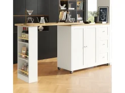 Mesa de bar giratoria móvil 2 puertas y 3 cajones Isla de cocina con tablero extensible (135-203)x39x106 cm - blanco