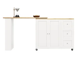 Mesa de bar giratoria móvil 2 puertas y 3 cajones Isla de cocina con tablero extensible (135-203)x39x106 cm - blanco