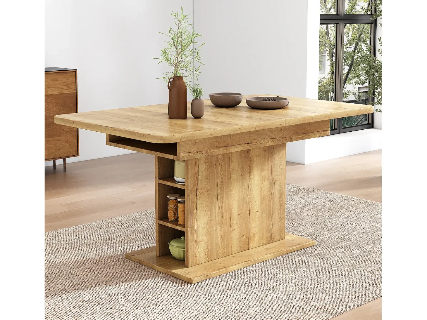 Mesa de centro elevable para 4-6 personas - patas de madera - color natural claro (130x70x75 cm)