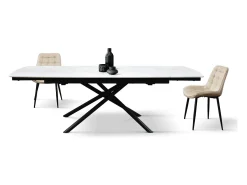 Mesa de cerámica blanca, base de metal negro, extensible 160x90-240x90 cm - BONIFACIO