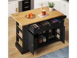 Mesa de cocina móvil de 132cm de estilo rústico con encimera plegable y toma de corriente.
