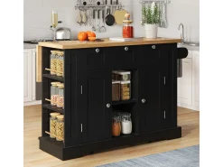 Mesa de cocina móvil de 132cm de estilo rústico con encimera plegable y toma de corriente.