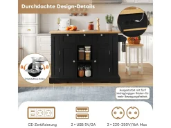Mesa de cocina móvil de 132cm de estilo rústico con encimera plegable y toma de corriente.