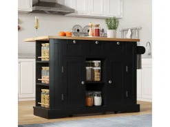 Mesa de cocina móvil de 132cm de estilo rústico con encimera plegable y toma de corriente.
